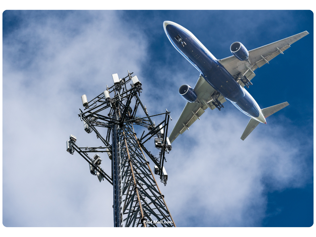 5G Tower with a Plane Flying Over head