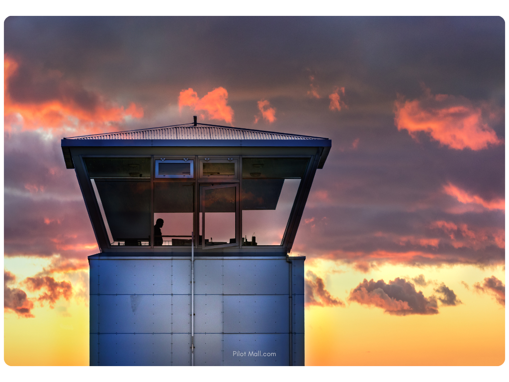 ATC tower with a sunset in the background - Pilot Mall