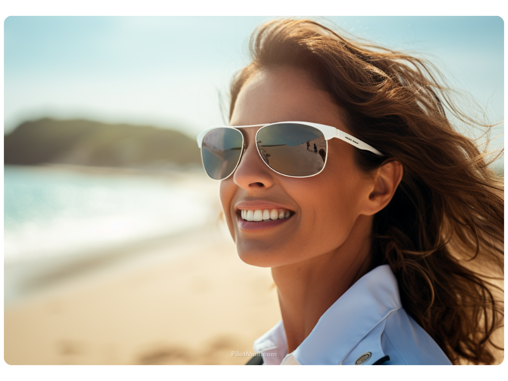 A Happy female Pilot on a beach wearing her sunglasses - Pilot Mall