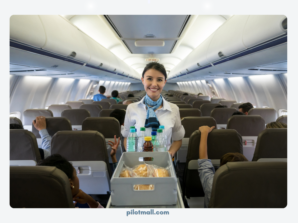 A flight attendant serving drinks and snacks