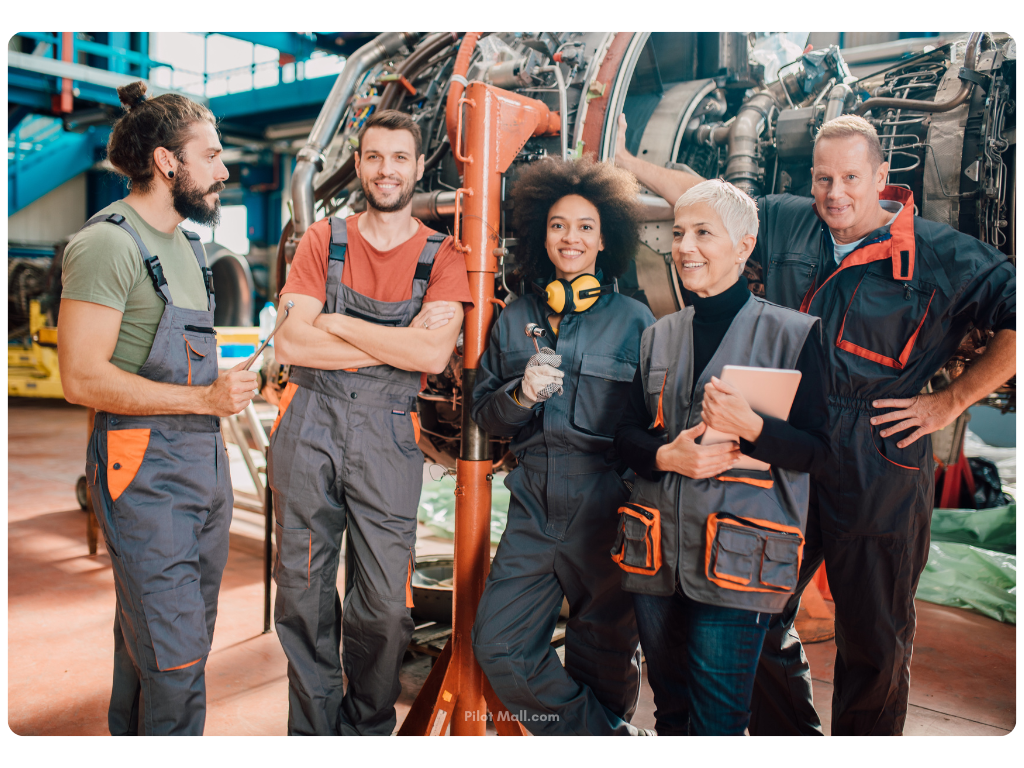 A group of aircraft mechanics by a jet engine - Pilot Mall