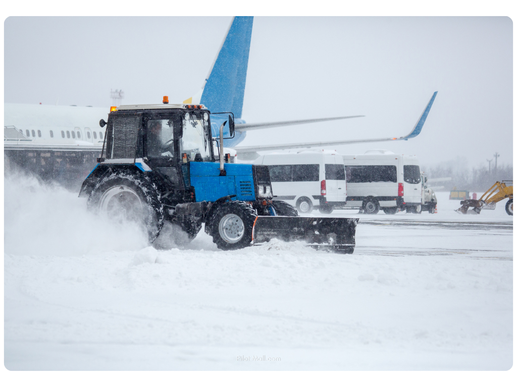 A snow plower at the airport clearing snow off the tarmac