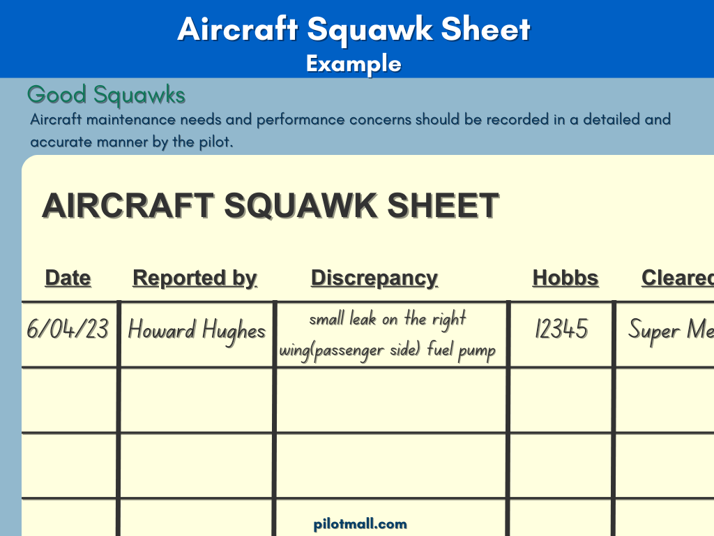 Aircraft Squawk Sheet Example of Good Squawks - Pilot Mall