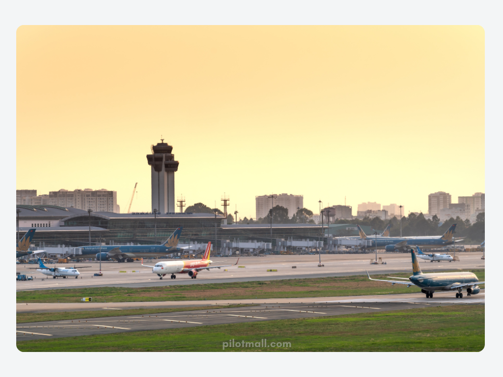 Airport Tarmac and Tower with Airliners Taxiing - Pilot Mall