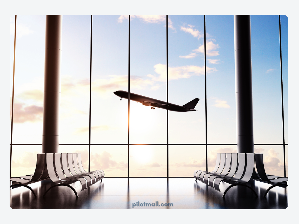 Airport window with a jet plane mid-takeoff - Pilot Mall