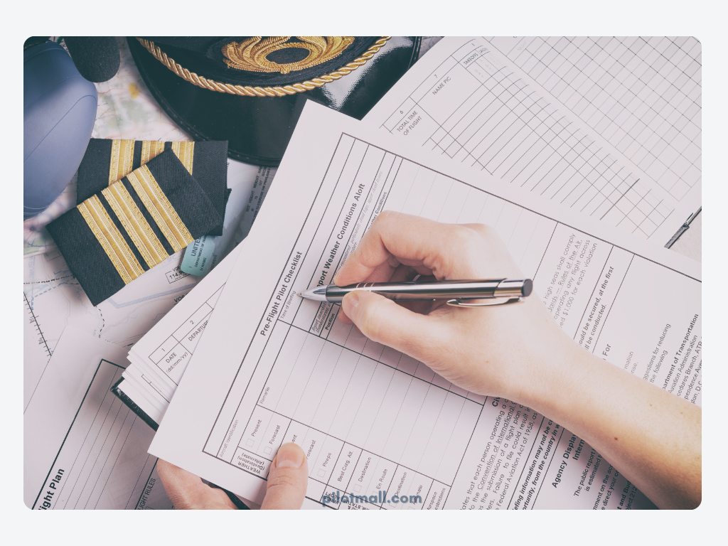 Um piloto de linha aérea analisando sua lista de verificação pré-voo - Pilot Mall