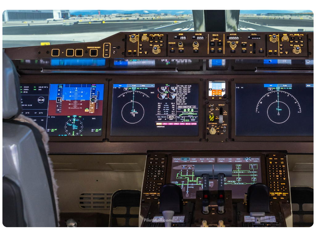 Primer plano de un avión con cabina de cristal y sistemas electrónicos de instrumentos de vuelo - Pilot Mall