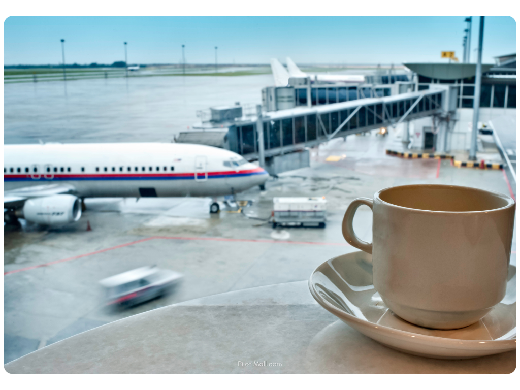 Close up of a coffee cup with a plane in the distance