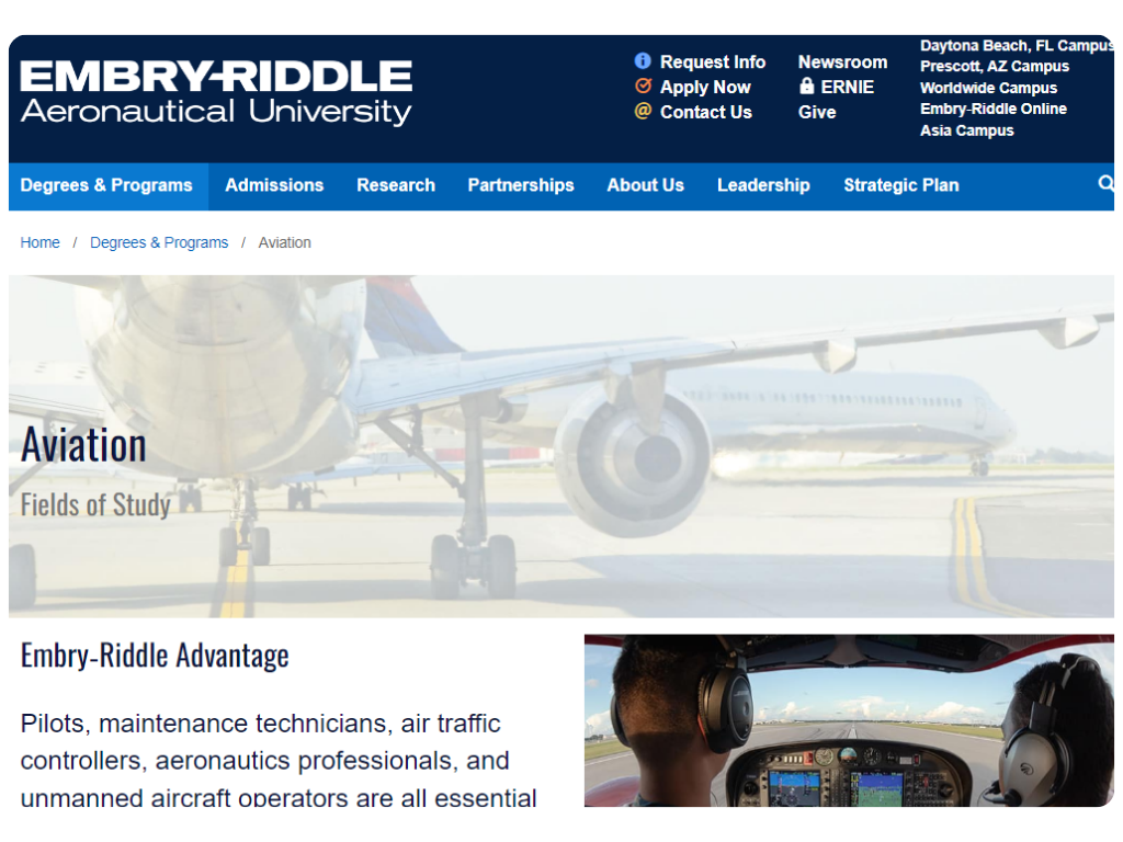 Embry-Riddle Aeronautical University Website screenshot - Pilot Mall