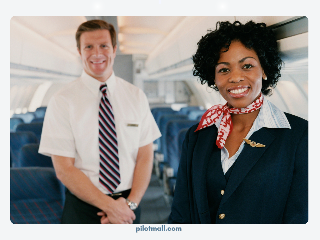 Flight attendants aboard an empty aircraft - Pilot Mall