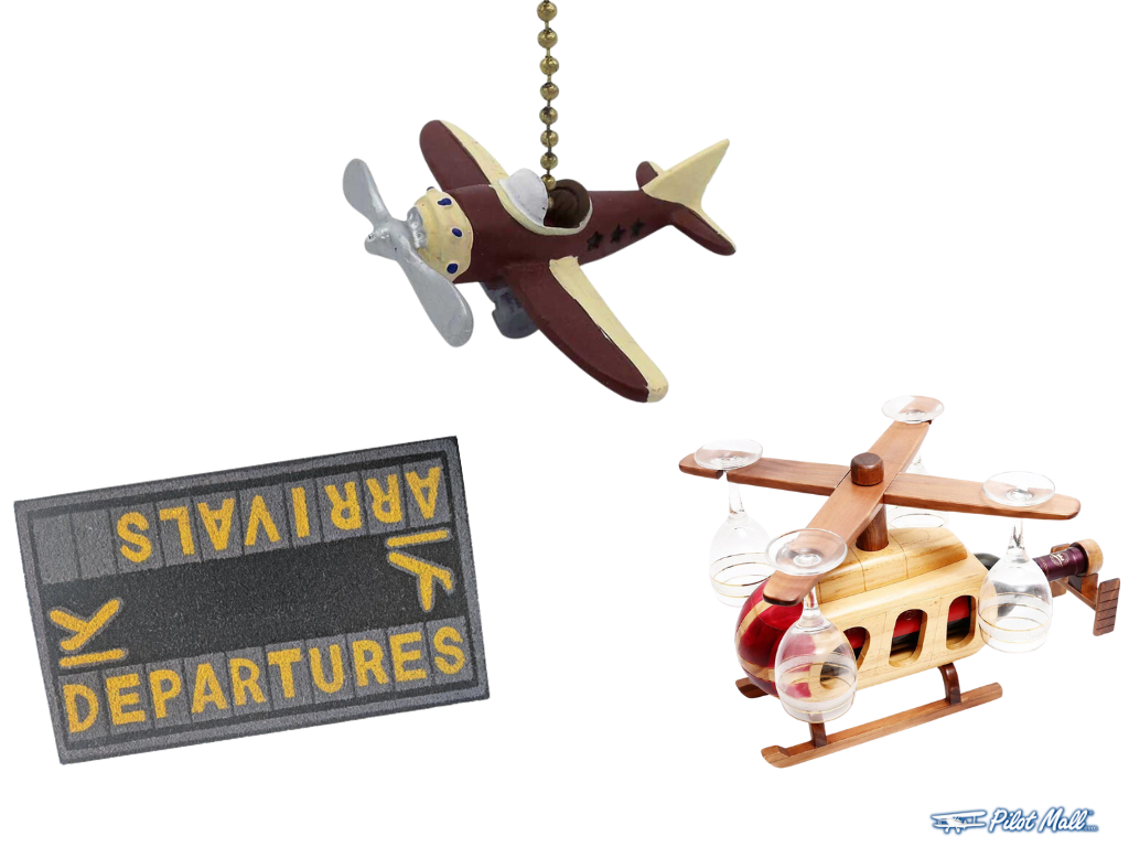 Arrival Departure Floor Mats, Wooden Helicopter Glass Holder, Prop Plane Ceiling Fan Cord