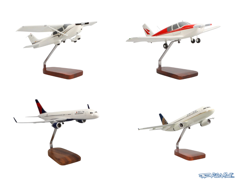 Model Planes of a Cessna 172, a Piper, and two Boeing Airliners