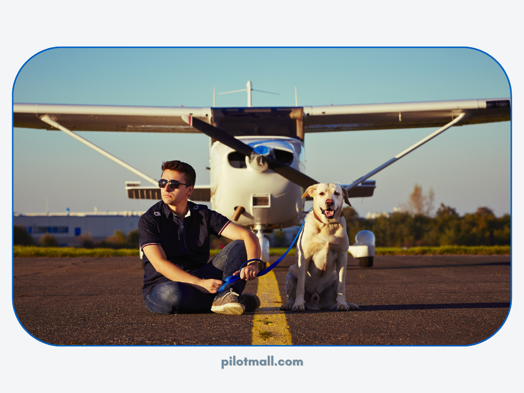 Hombre con perro frente a avión monomotor - Pilot Mall