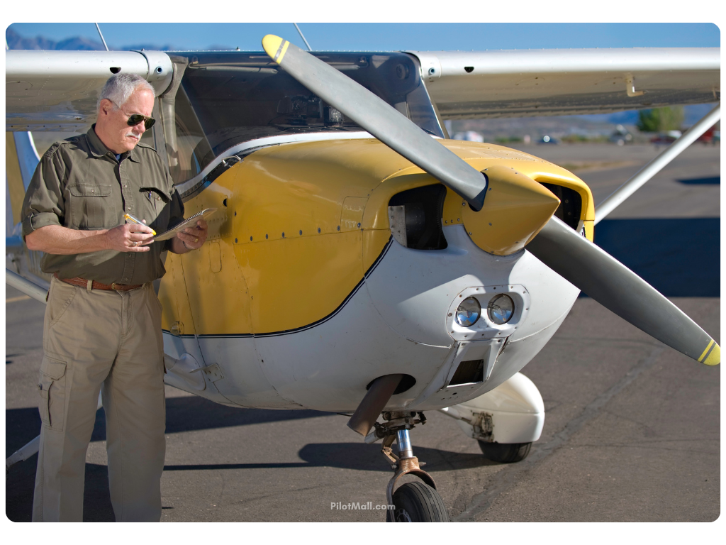 Piloto leyendo su lista de verificación junto a un Cessna 172 - Pilot Mall