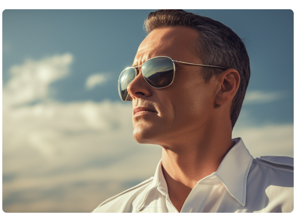 Pilot Wearing Aviator Sunglasses and Staring out at the horizon - Pilot Mall