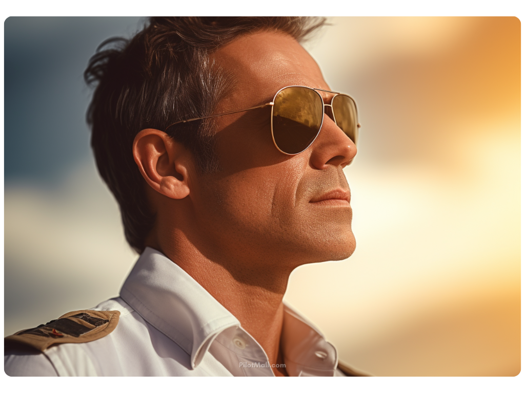 Pilot Wearing Aviator Sunglasses and Staring out at the sunset - Pilot Mall
