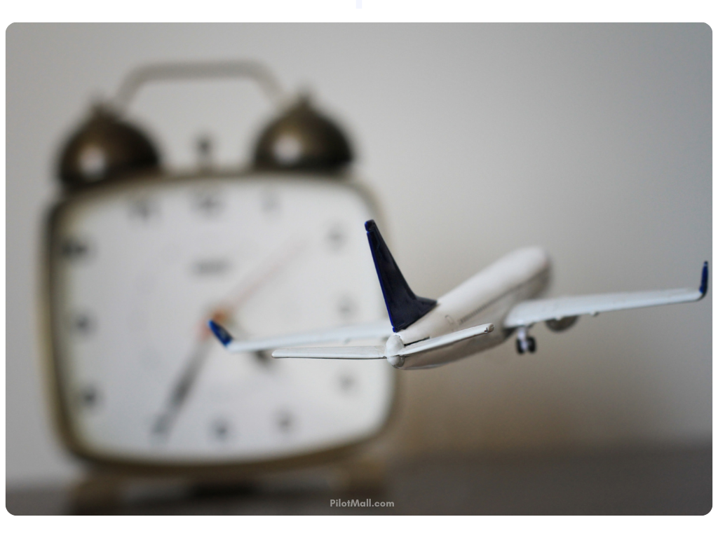 Un modelo de avión frente a un despertador que simboliza el tiempo de vuelo.
