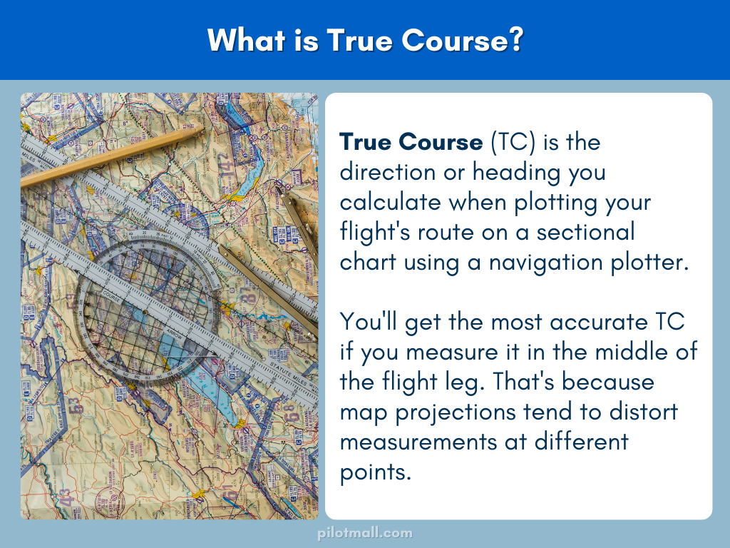 True Course (TC) is the direction or heading you calculate when plotting your flight's route on a sectional chart using a navigation plotter