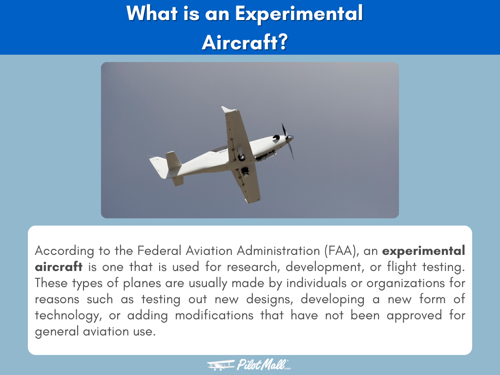 Infographic that says "What is an Experimental Aircraft? It is an aircraft used for research, development, or flight testing." - Pilot Mall