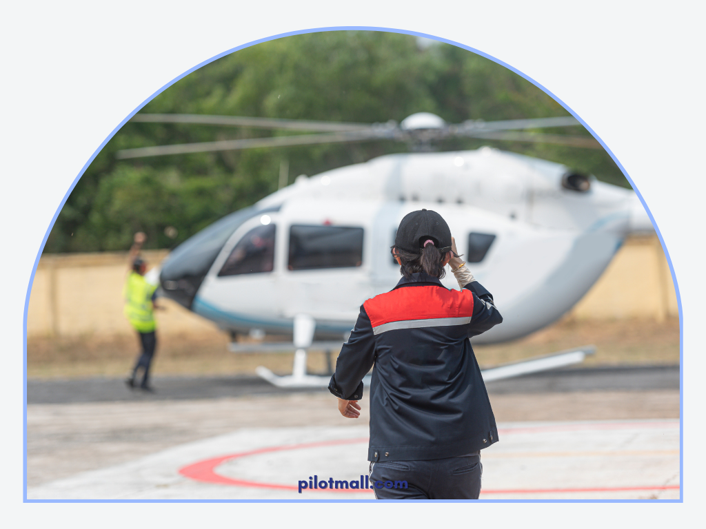 Workers and Pilot Assisting a Helicopter on a Helipad - Pilot Mall