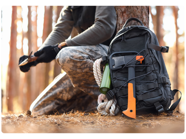 a survivalist with their backpack and hatchet out in the woods