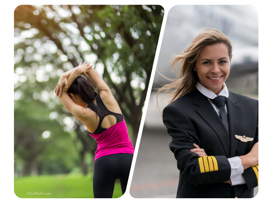 una mujer hace yoga a un lado y una piloto feliz al otro lado - Pilot Mall