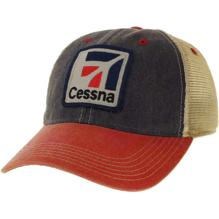 Gorra trucker con parche Cessna azul marino/escarlata