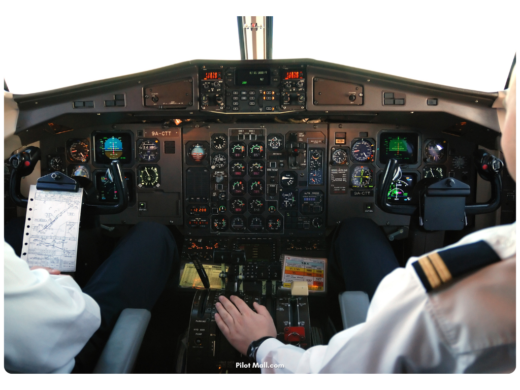 closeup of airplane cockpit instruments