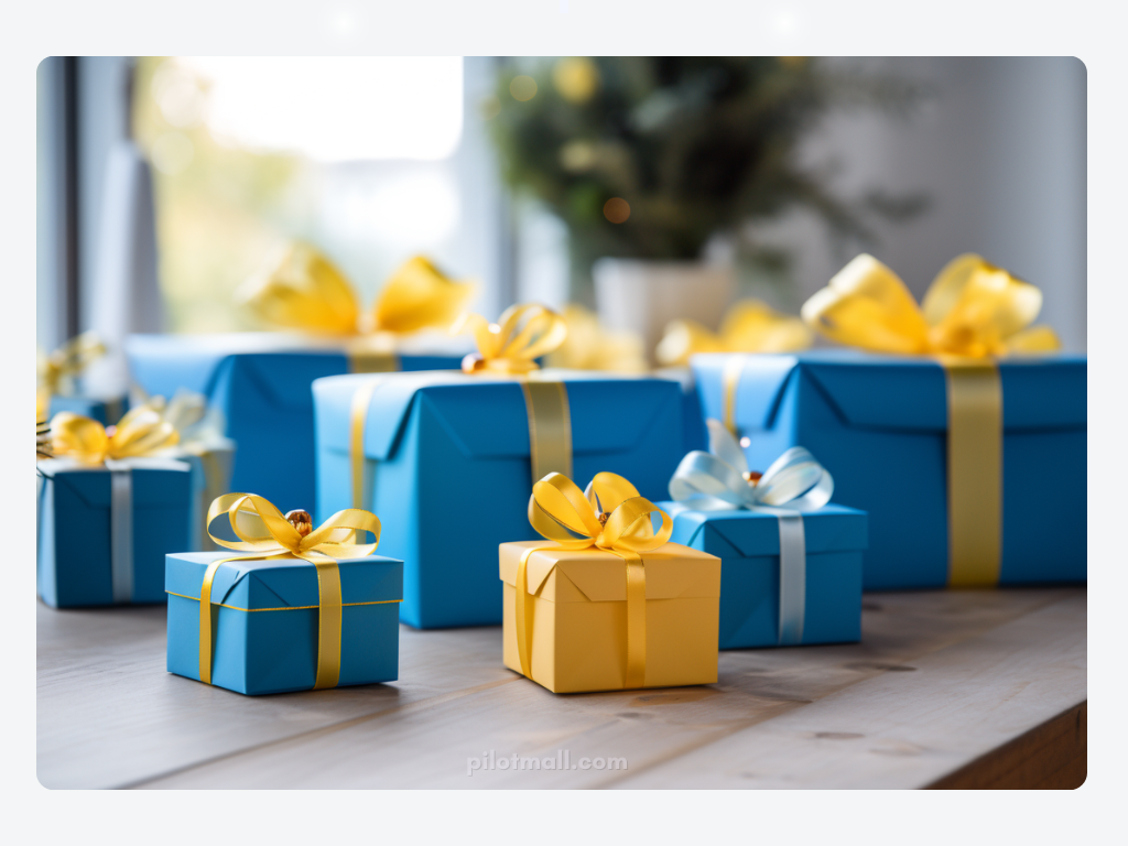 mesa con regalos azules y amarillos - Pilot Mall