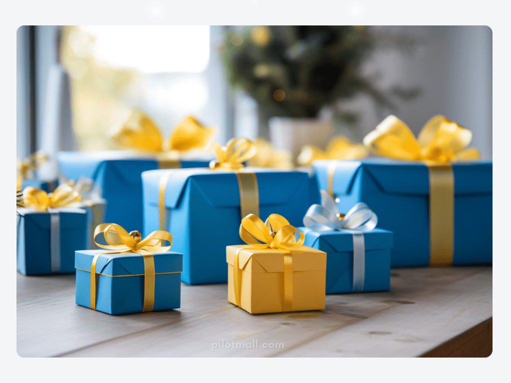 table with blue and yellow presents - Pilot Mall