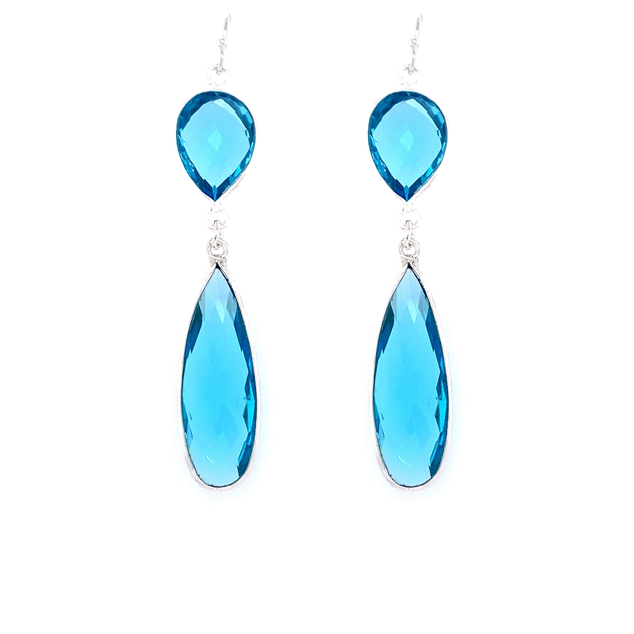 Blazing Blue Quartz Regal Double Earring Drops - Silver