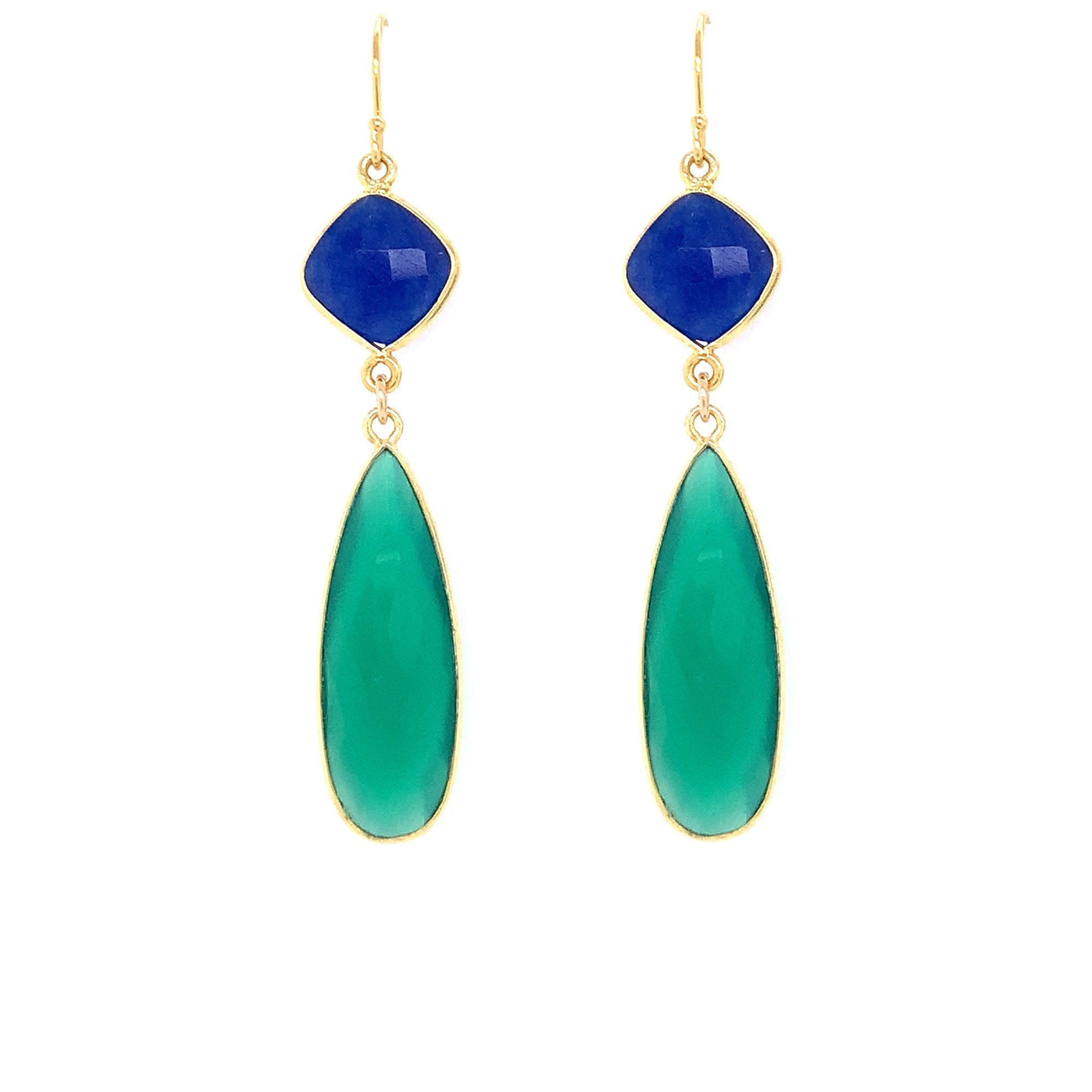 Royal Blue Quartz & Green Onyx Regal Double Earring Drops, Gold