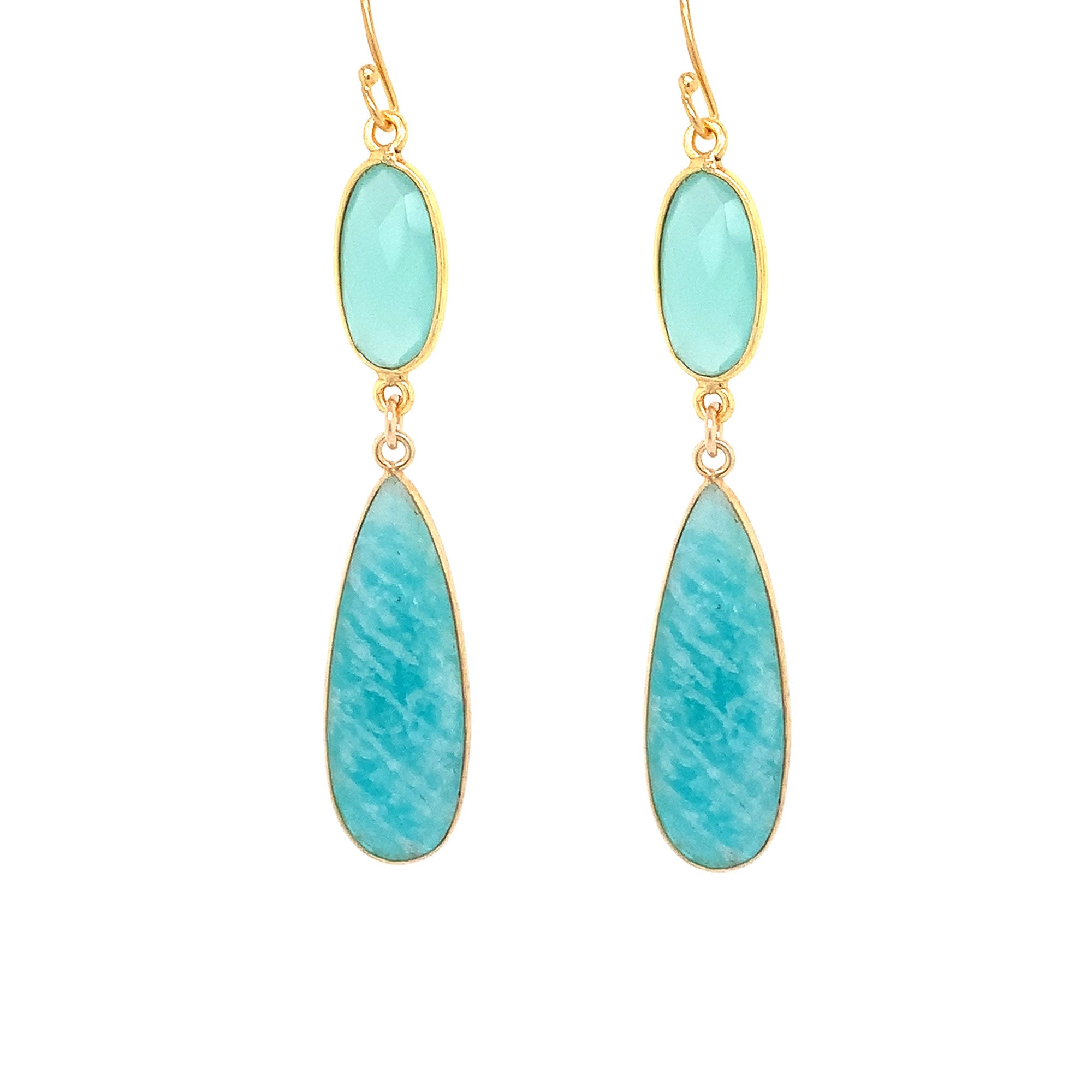 Blue Chalcedony & Amazonite Regal Double Earring Drops, Gold