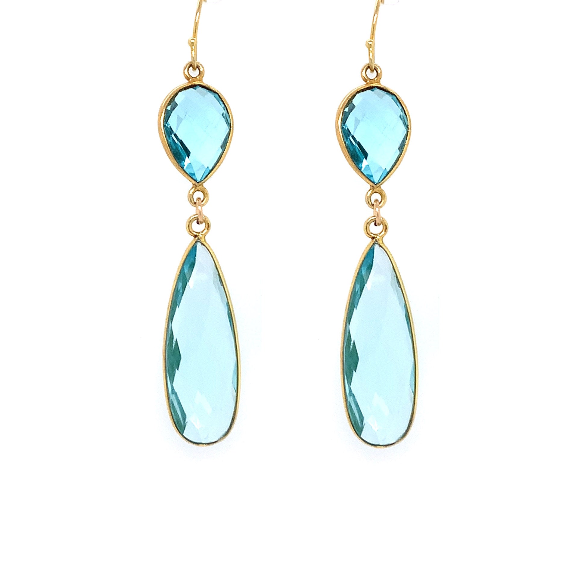 Aqua Blue Quartz Regal Double Earring Drops, Gold