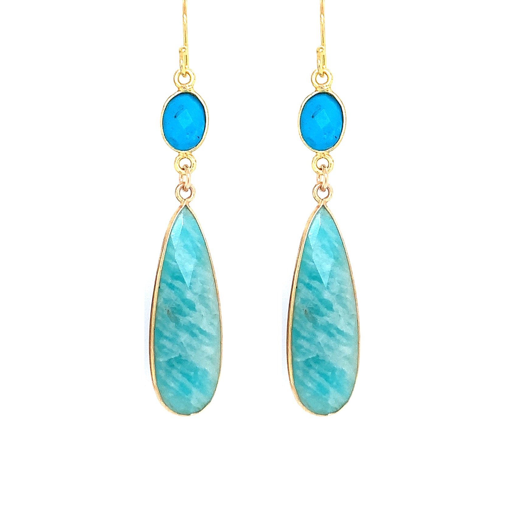 Turqouise & Amazonite Regal Double Earring Drops, Gold