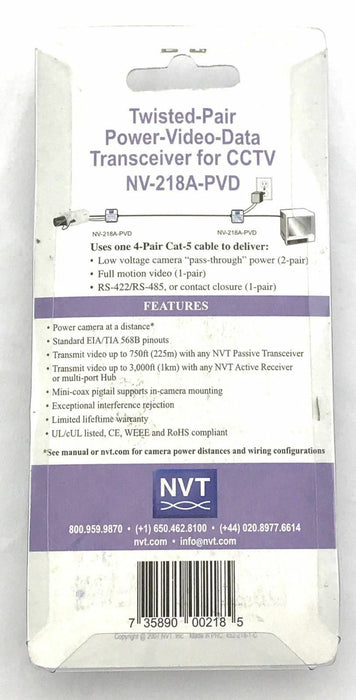 NVT NV-218A-PVD Power-Video-Data Passive Transceiver UTP Cable Surge P ...