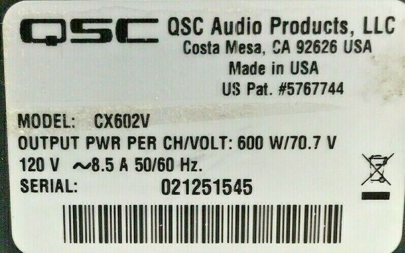 QSC CX602V Direct 2 Channel Powered Amplifier 600W 70V Output 1DB HD15 Data Port