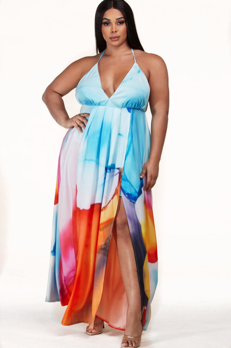 Plus Size Club Exx Tulle High Low Train Maxi Dress - Rainbow