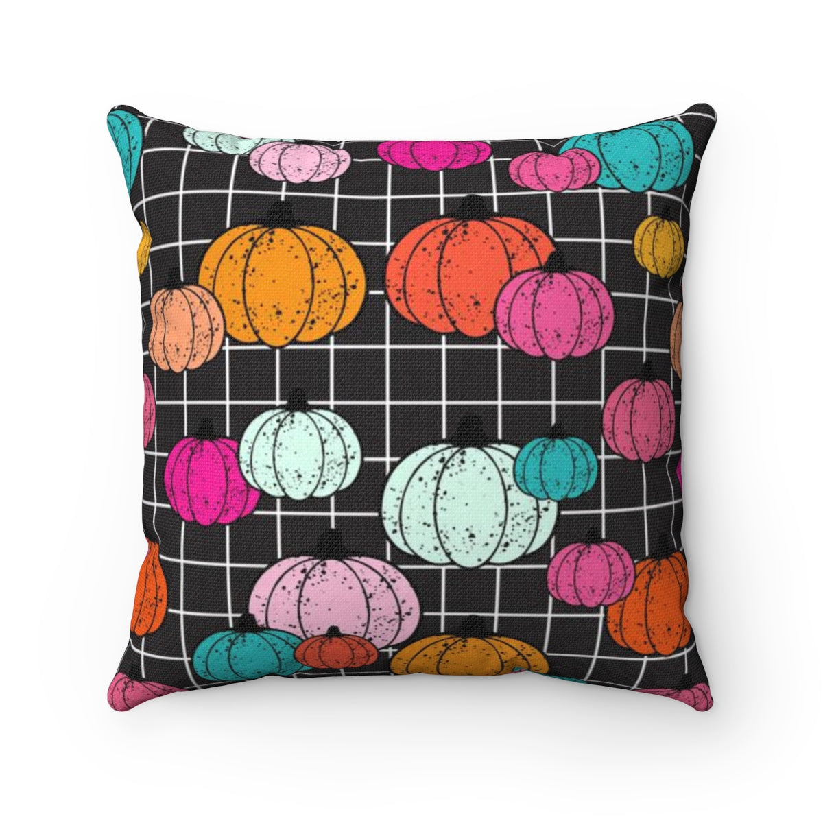 Colorful Splatter Painted Pumpkin Black Grid Halloween Throw Pillow