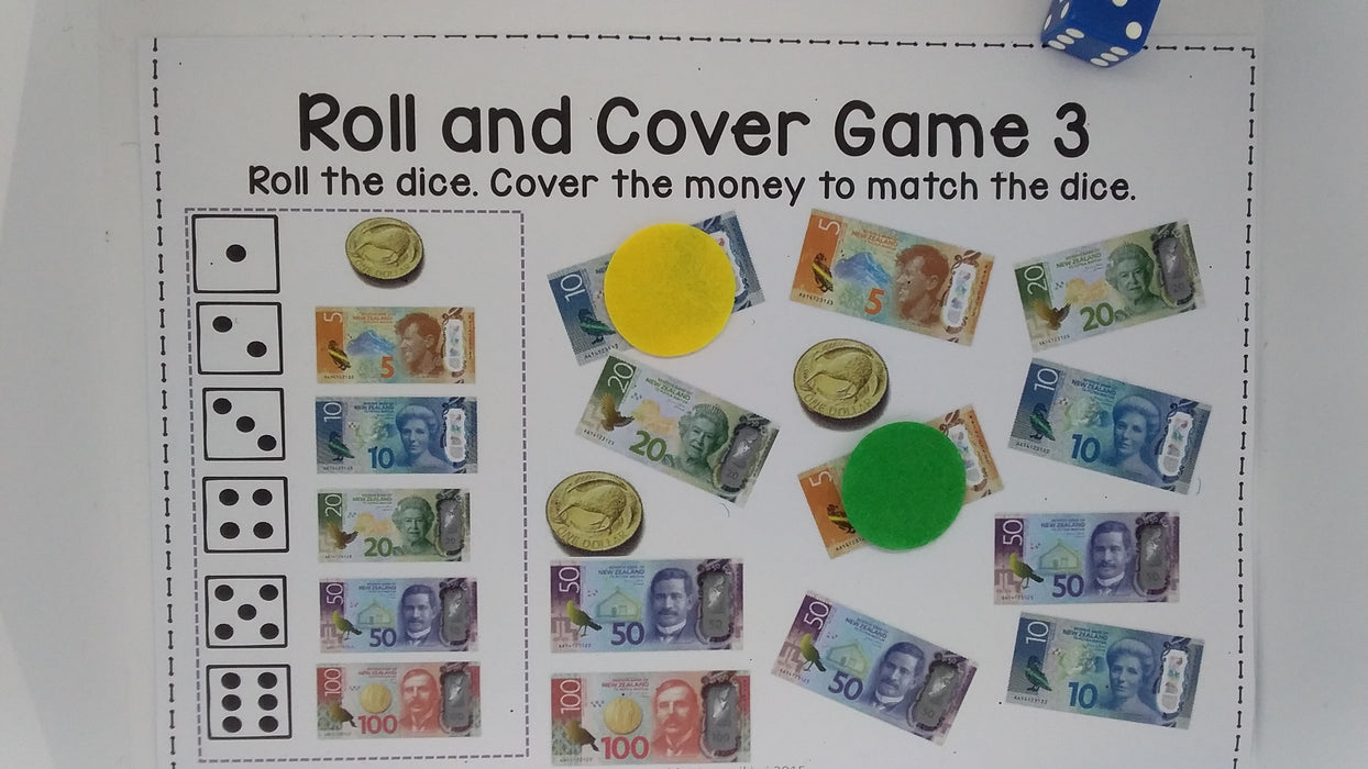 new zealand money level 1 roll and cover game shop montessori resources for 6 12 elementary homeschool and class rooms