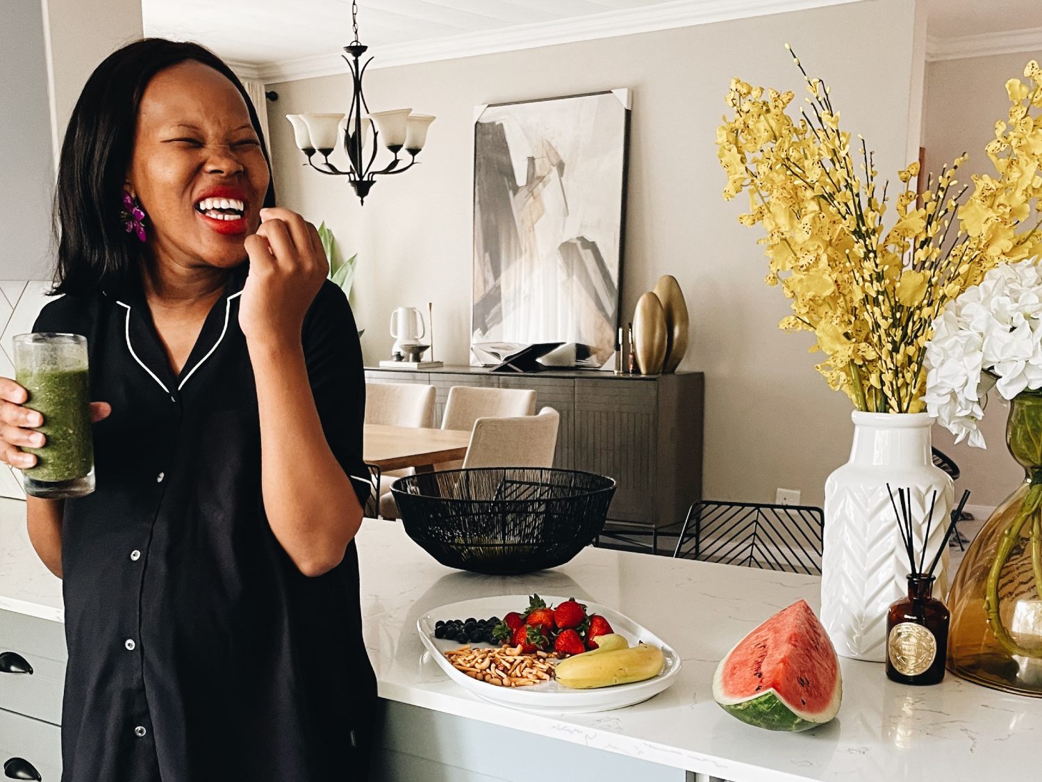 Mom having healthy food in her kitchen