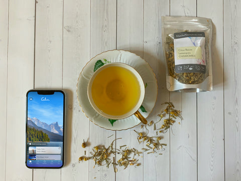 Citrus Beauty Lemongrass Chamomile loose leaf tea and Calm meditation app for restful sleep