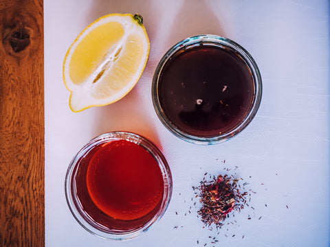 Ingredients for a Rose Kiss tea mocktail with cherry rooibos