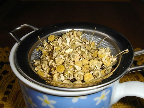 Chamomile loose leaf tea in a strainer