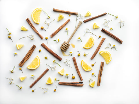 Cinnamon sticks, spices and lemon