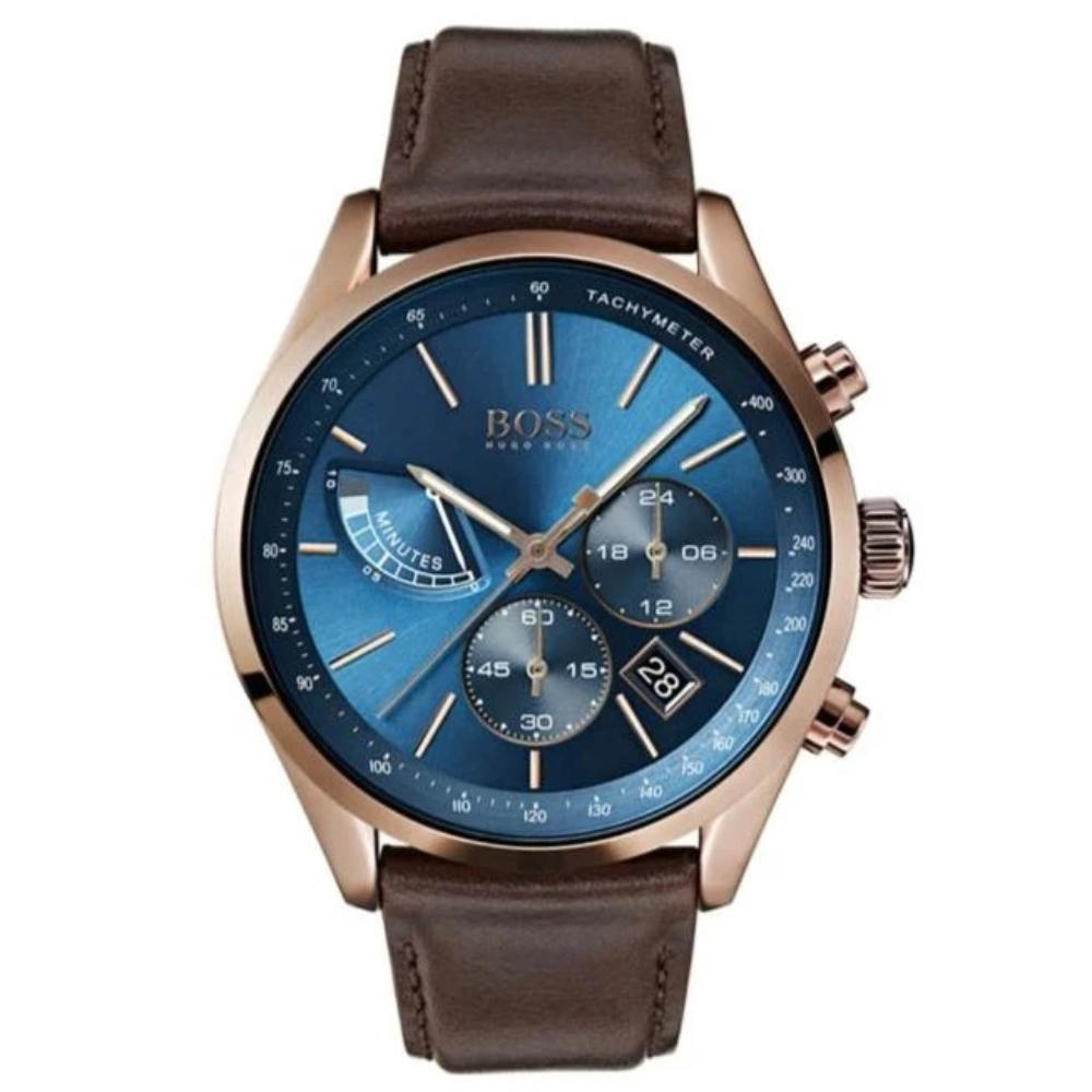 mens brown leather watch with blue face