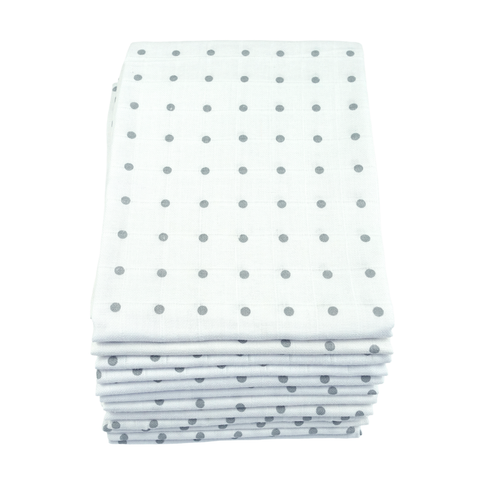 12 Pack of Muslin Squares - Grey Spot