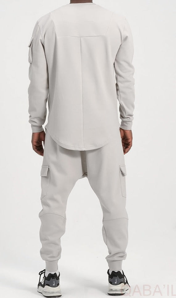 QL Sniper Set Cargo Joggers and Longline Top in Light Grey | MOOMENN