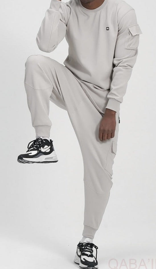 QL Sniper Set Cargo Joggers and Longline Top in Light Grey | MOOMENN