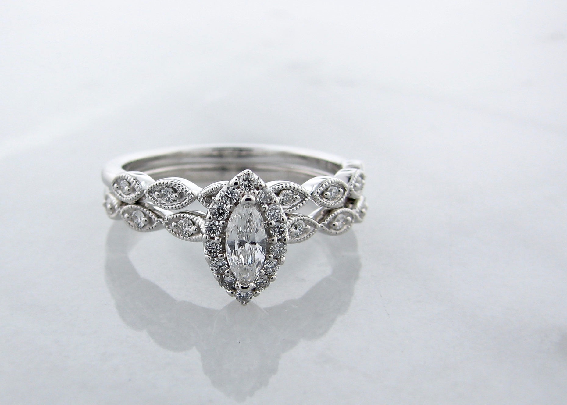 Marquise Diamond White Gold Wedding Ring Set, Victorian